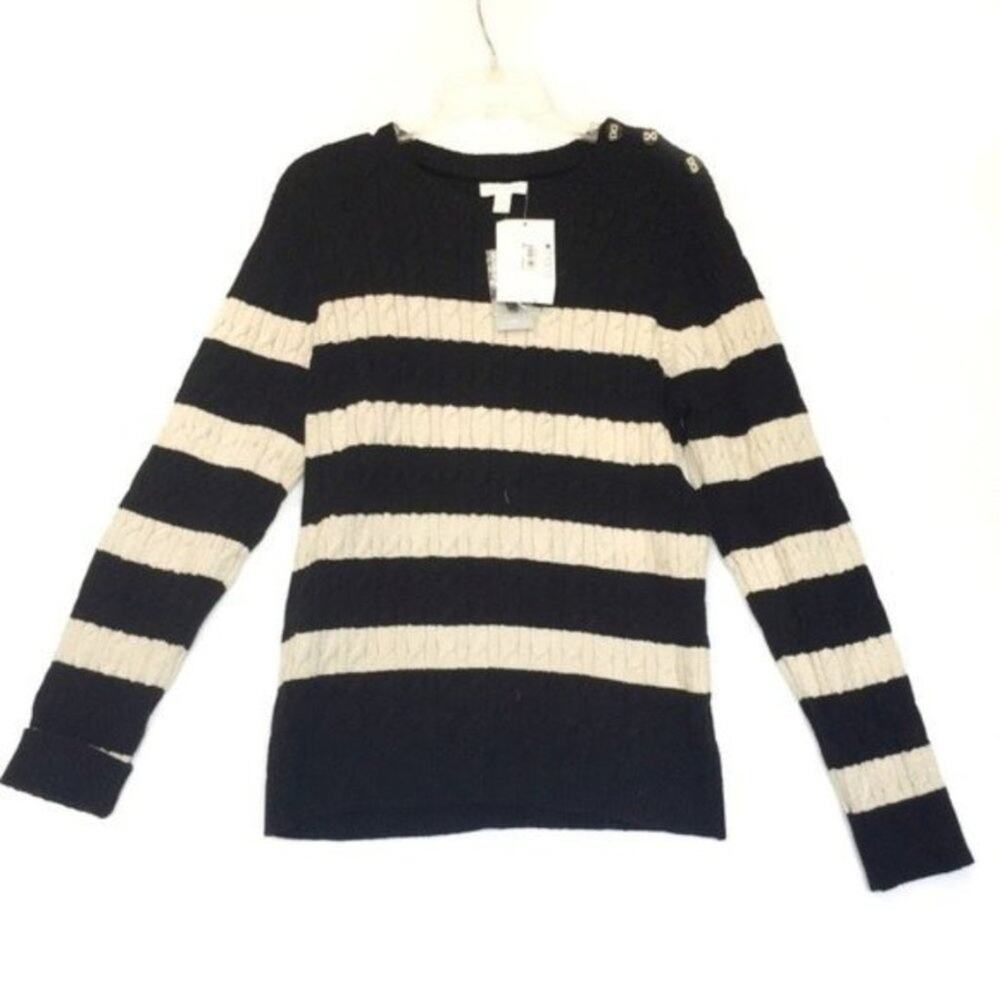 Charter Club Sweater Stripe Black Cream Cable Knit Gold Metallic sz XL NWT